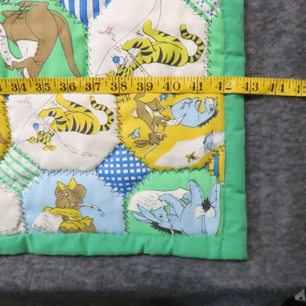 Winnie the Pooh Hexagon Patchwork Quilt Blanket 52x43 Green Nursery Crib Vtg 70s